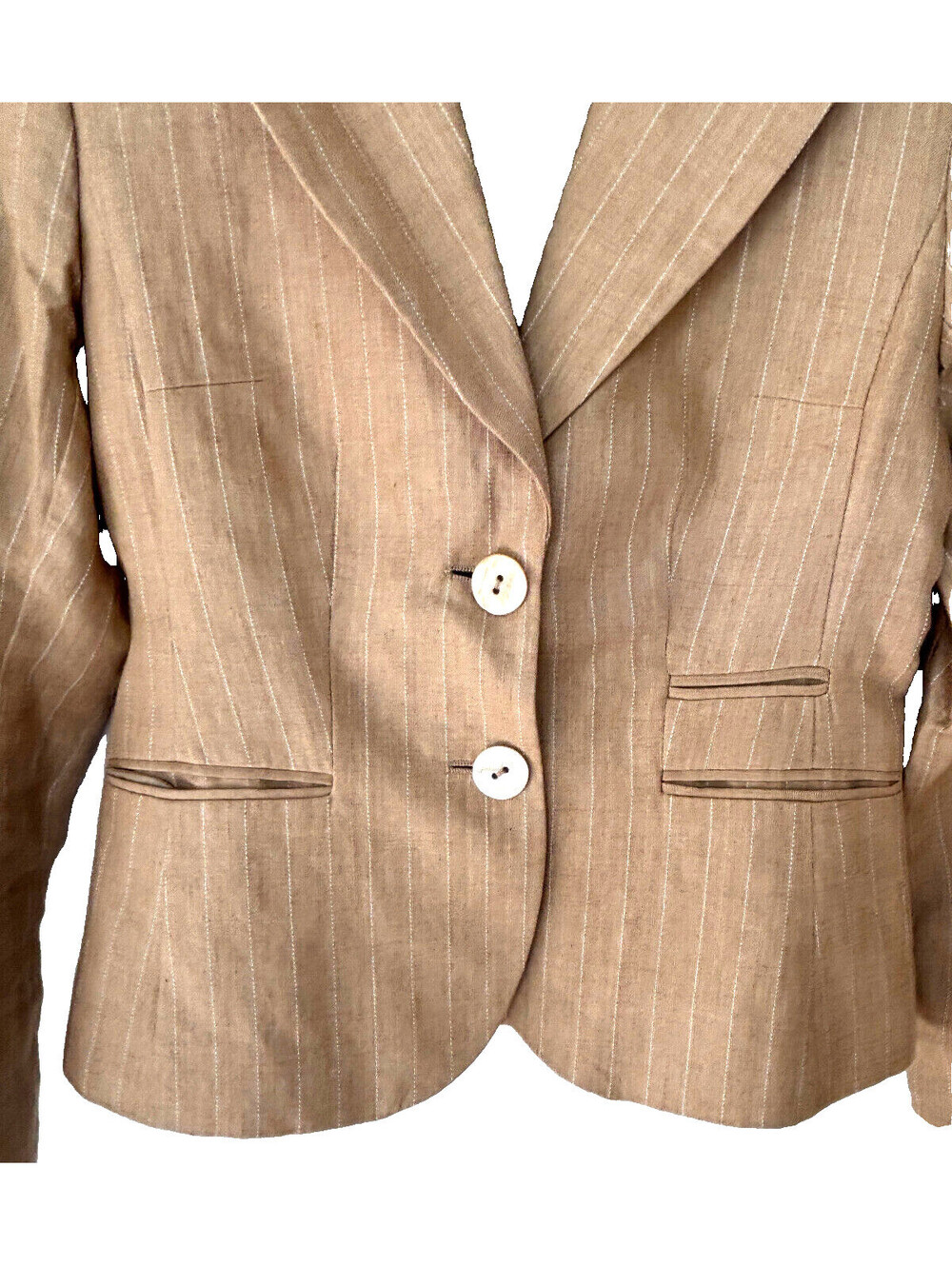 H&M Linen Blend Blazer Suit Jacket Striped Dark Cream Business Womens Size 4 - Picture 2 of 7